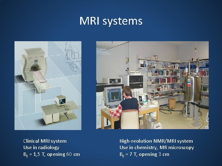 MRI systems Clinical MRI system Use in radiology B 0 = 1, 5 T,