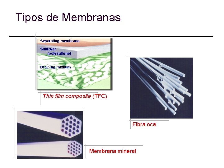 Tipos de Membranas Separating membrane Sublayer (polysulfone) Draining medium Thin film composite (TFC) Fibra