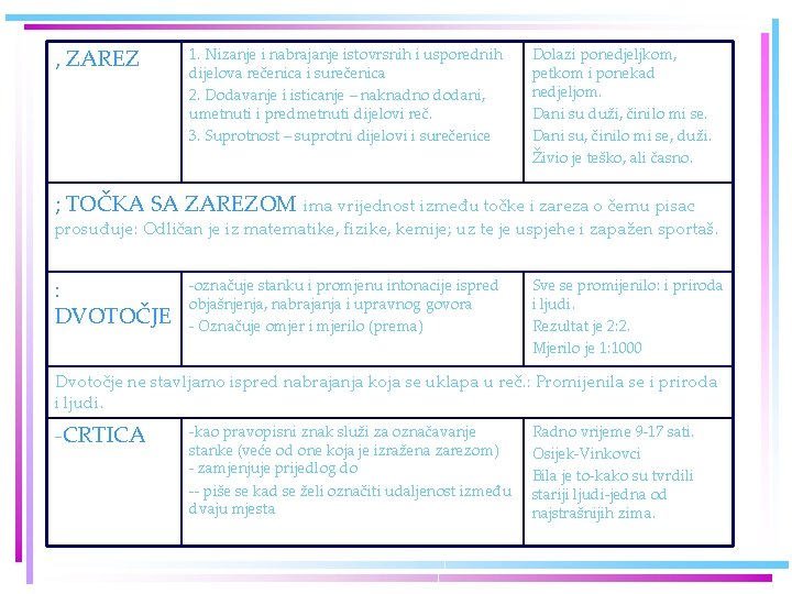 , ZAREZ 1. Nizanje i nabrajanje istovrsnih i usporednih dijelova rečenica i surečenica 2.