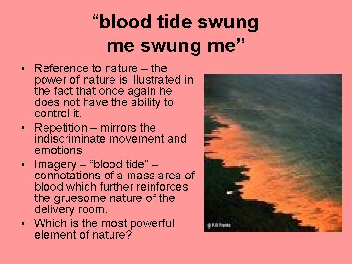 “blood tide swung me” • Reference to nature – the power of nature is “blood tide swung me” • Reference to nature – the power of nature is