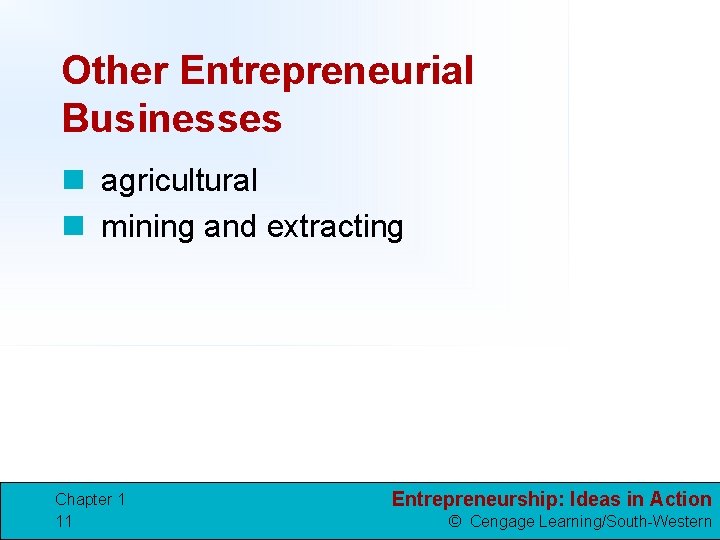 Other Entrepreneurial Businesses n agricultural n mining and extracting Chapter 1 11 Entrepreneurship: Ideas