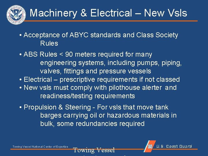  Machinery & Electrical – New Vsls • Acceptance of ABYC standards and Class