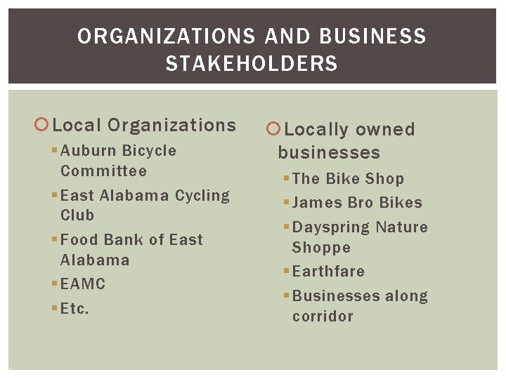 ORGANIZATIONS AND BUSINESS STAKEHOLDERS Local Organizations § Auburn Bicycle Committee § East Alabama Cycling