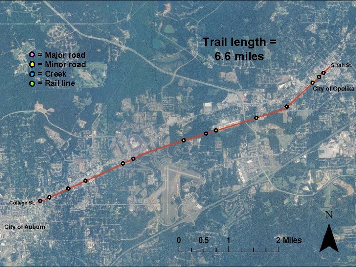 [MAP] Trail length = = Major road = Minor road = Creek = Rail
