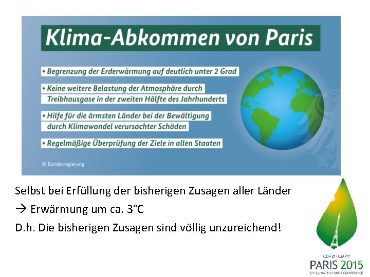 Selbst bei Erfüllung der bisherigen Zusagen aller Länder Erwärmung um ca. 3°C D. h.
