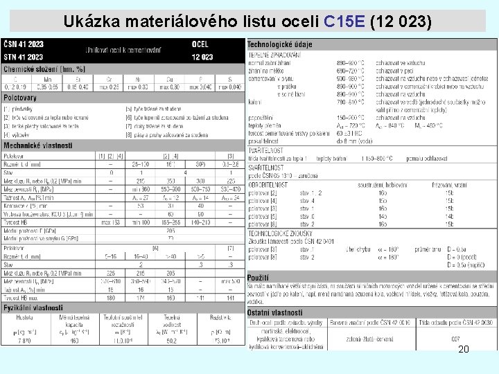 Ukázka materiálového listu oceli C 15 E (12 023) 20 