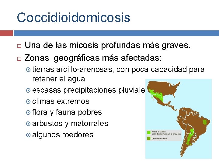 Coccidioidomicosis Una de las micosis profundas más graves. Zonas geográficas más afectadas: tierras arcillo-arenosas,