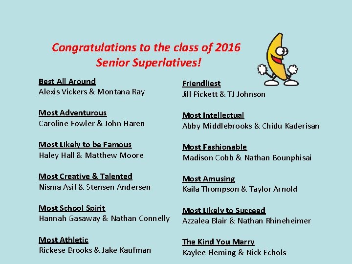  Congratulations to the class of 2016 Senior Superlatives! Best All Around Alexis Vickers