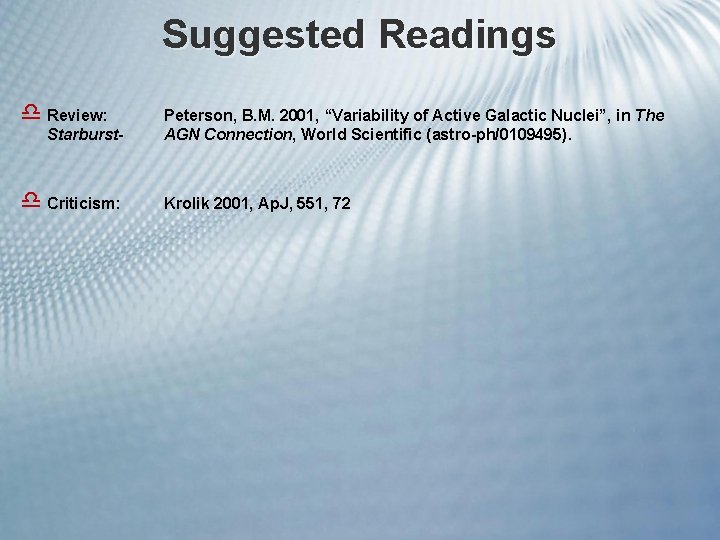 Suggested Readings d Review: Peterson, B. M. 2001, “Variability of Active Galactic Nuclei”, in