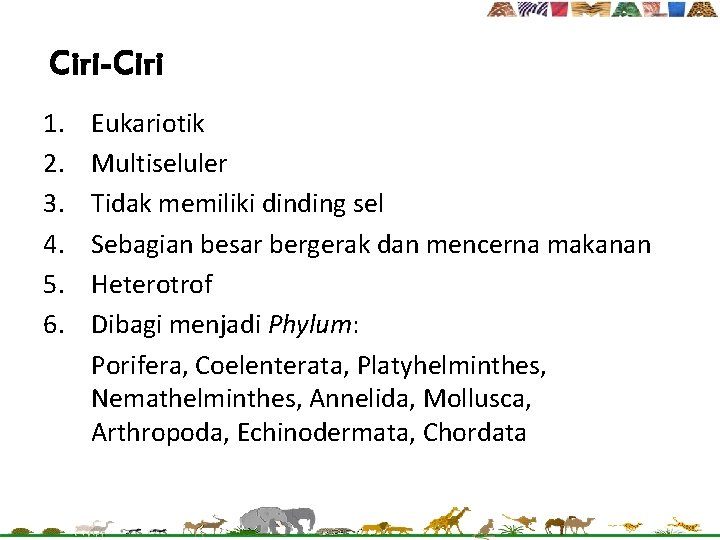 Ciri-Ciri 1. 2. 3. 4. 5. 6. Eukariotik Multiseluler Tidak memiliki dinding sel Sebagian