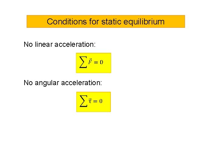 Conditions for static equilibrium No linear acceleration: No angular acceleration: 