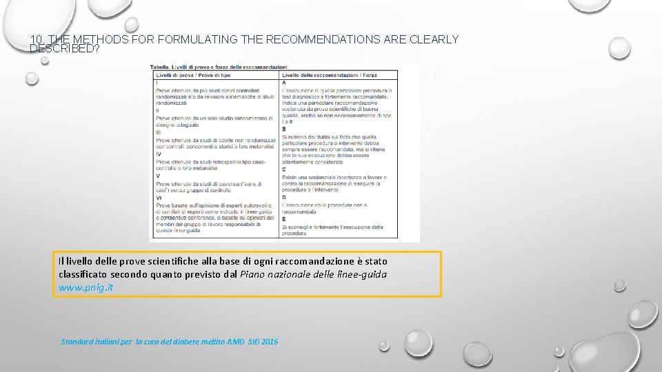 10. THE METHODS FORMULATING THE RECOMMENDATIONS ARE CLEARLY DESCRIBED? Il livello delle prove scientifiche