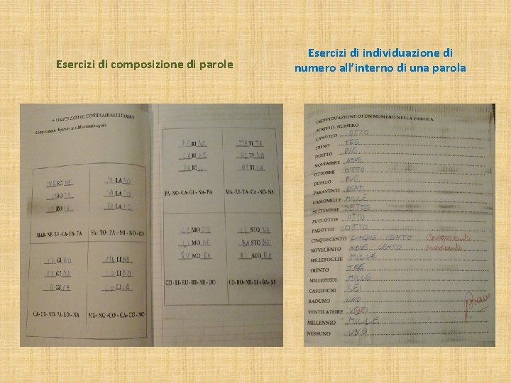 Esercizi di composizione di parole Esercizi di individuazione di numero all’interno di una parola