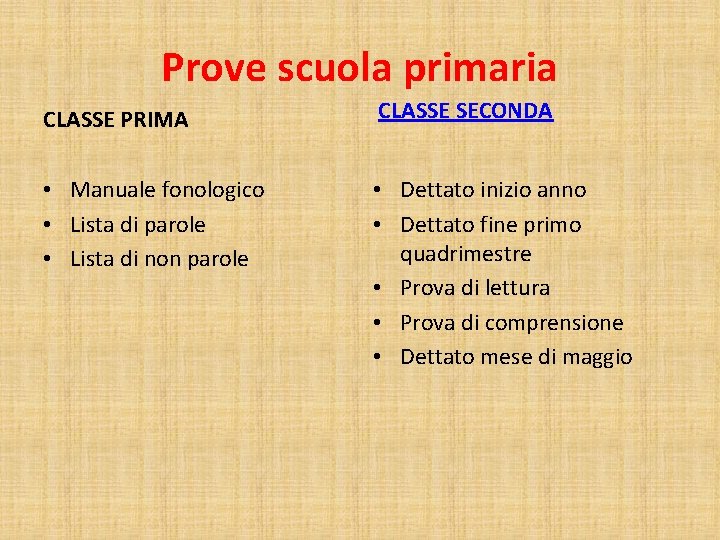 Prove scuola primaria CLASSE PRIMA CLASSE SECONDA • Manuale fonologico • Lista di parole