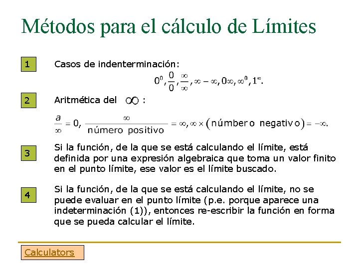 Métodos para el cálculo de Límites 1 Casos de indenterminación: 2 Aritmética del 3
