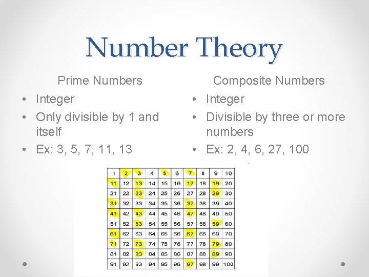 Number Theory Prime Numbers • Integer • Only divisible by 1 and itself •