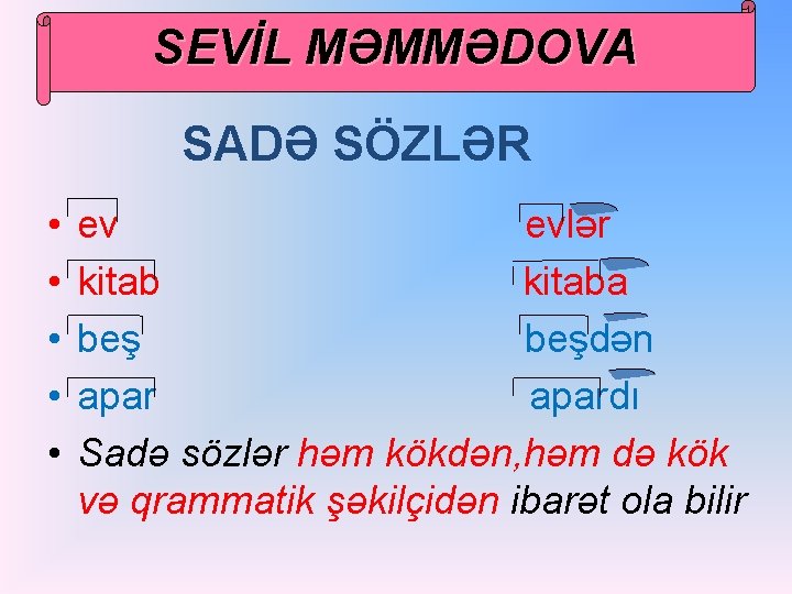 SEVİL MƏMMƏDOVA SADƏ SÖZLƏR • • • ev evlər kitaba beşdən apardı Sadə sözlər