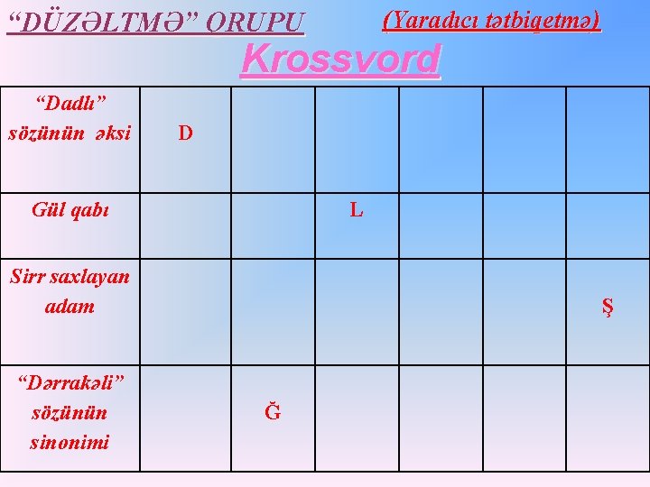 (Yaradıcı tətbiqetmə) “DÜZƏLTMƏ” QRUPU Krossvord “Dadlı” sözünün əksi D Gül qabı L Sirr saxlayan