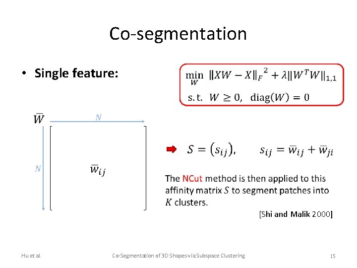 Co-segmentation • Single feature: [Shi and Malik 2000] Hu et al. Co-Segmentation of 3