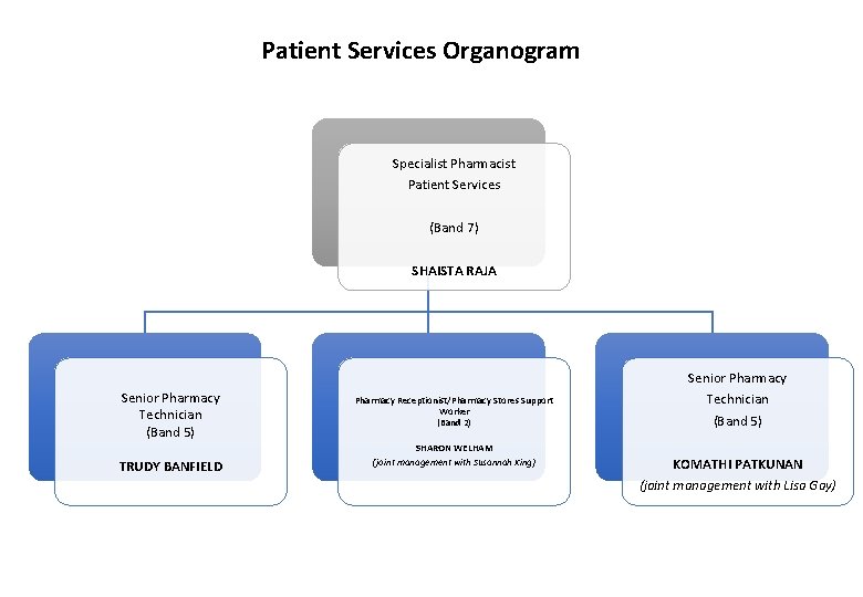 Patient Services Organogram Specialist Pharmacist Patient Services (Band 7) SHAISTA RAJA Senior Pharmacy Technician