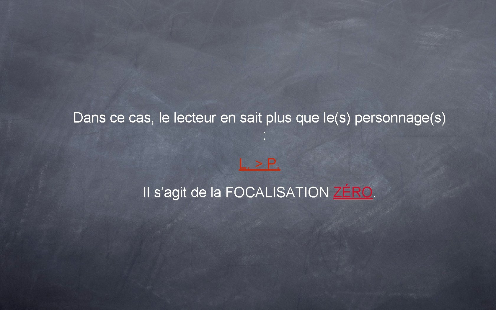 Dans ce cas, le lecteur en sait plus que le(s) personnage(s) : L. >