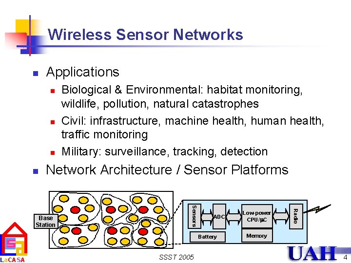 n Applications n n Biological & Environmental: habitat monitoring, wildlife, pollution, natural catastrophes Civil: