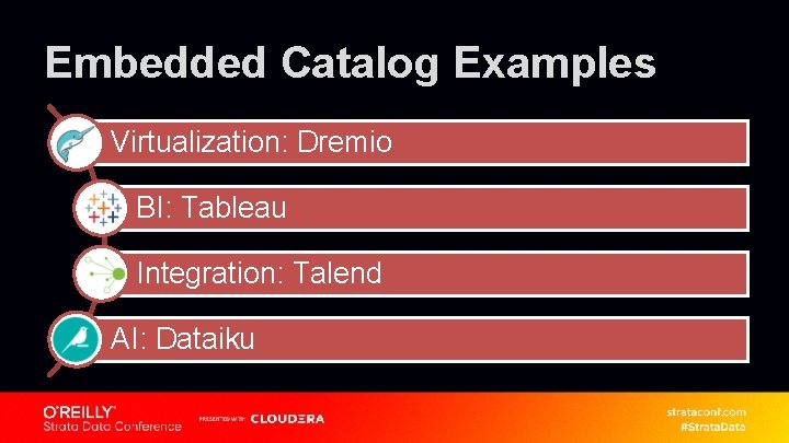 Embedded Catalog Examples Virtualization: Dremio BI: Tableau Integration: Talend AI: Dataiku 