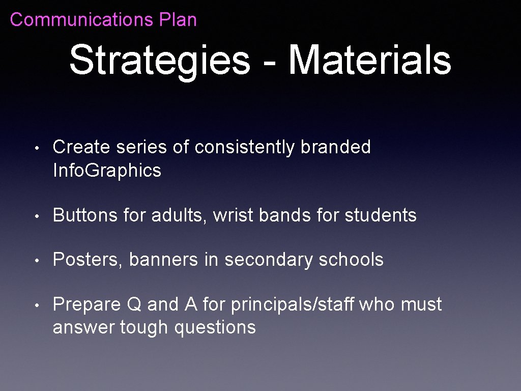 Communications Plan Strategies - Materials • Create series of consistently branded Info. Graphics •