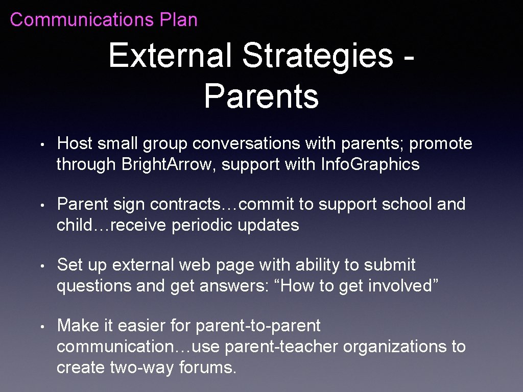 Communications Plan External Strategies - Parents • Host small group conversations with parents; promote