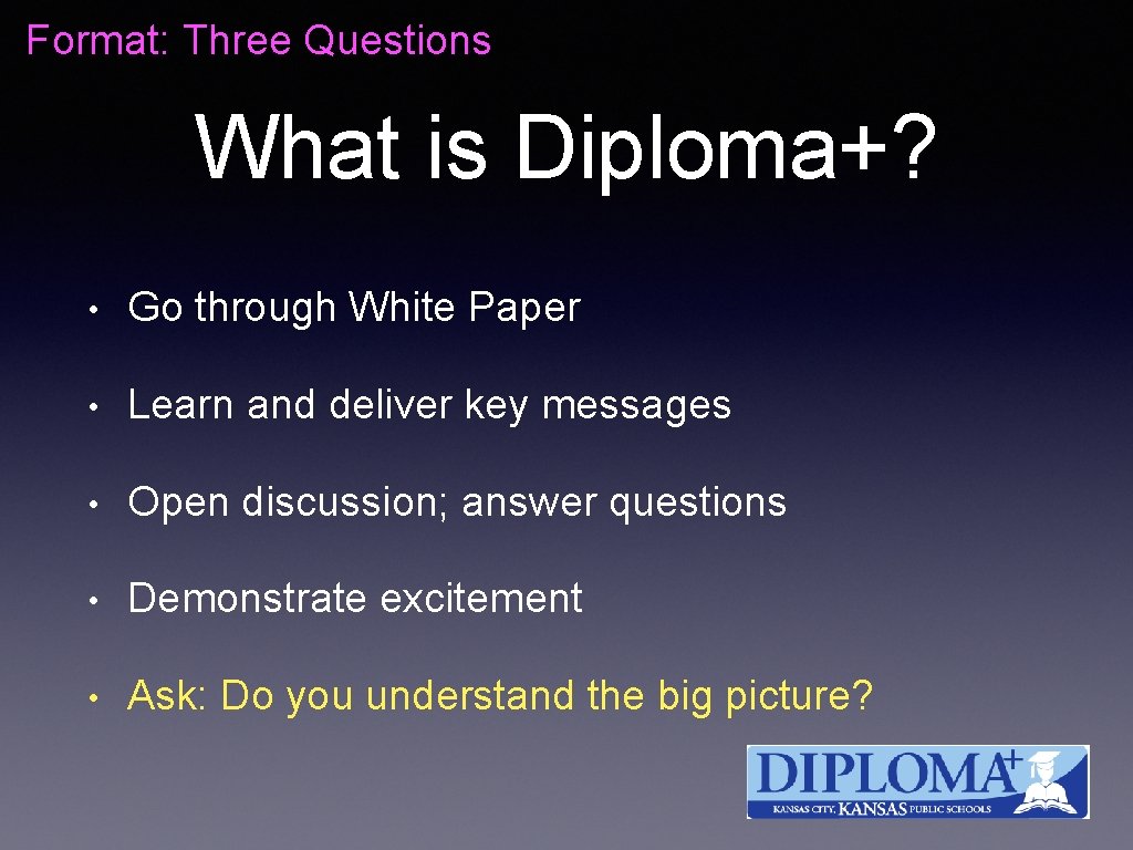 Format: Three Questions What is Diploma+? • Go through White Paper • Learn and