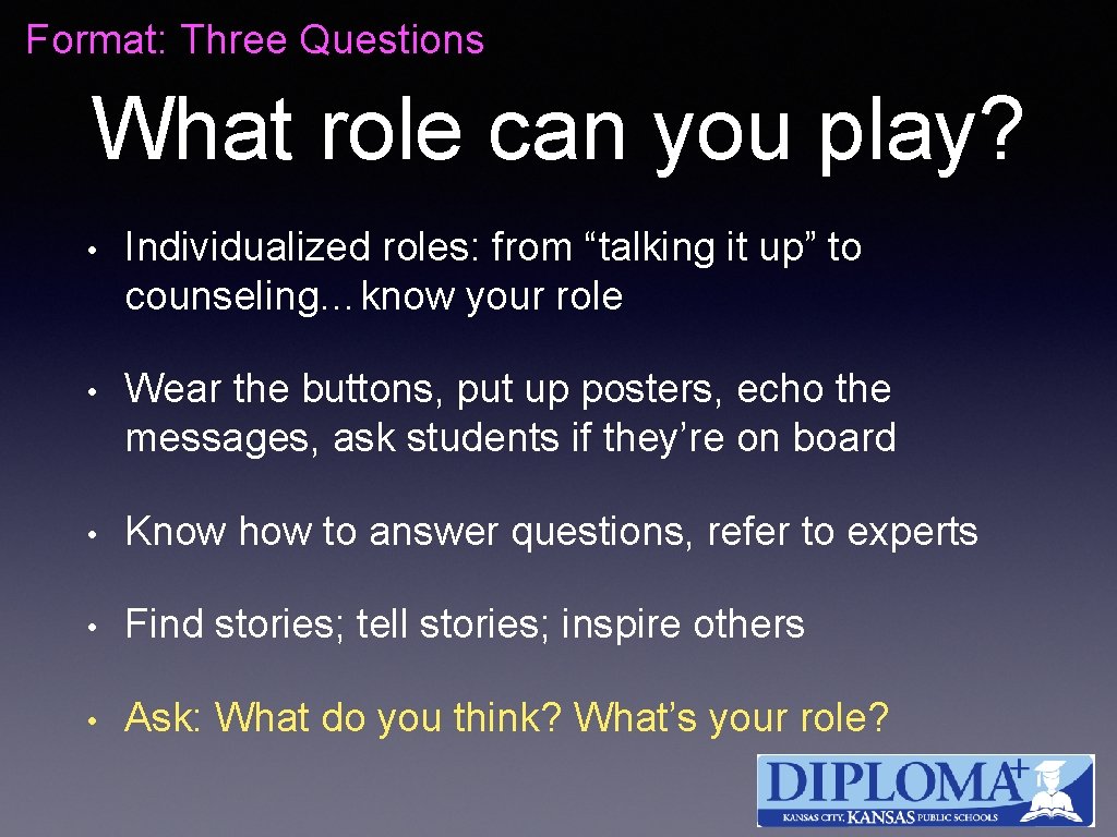 Format: Three Questions What role can you play? • Individualized roles: from “talking it