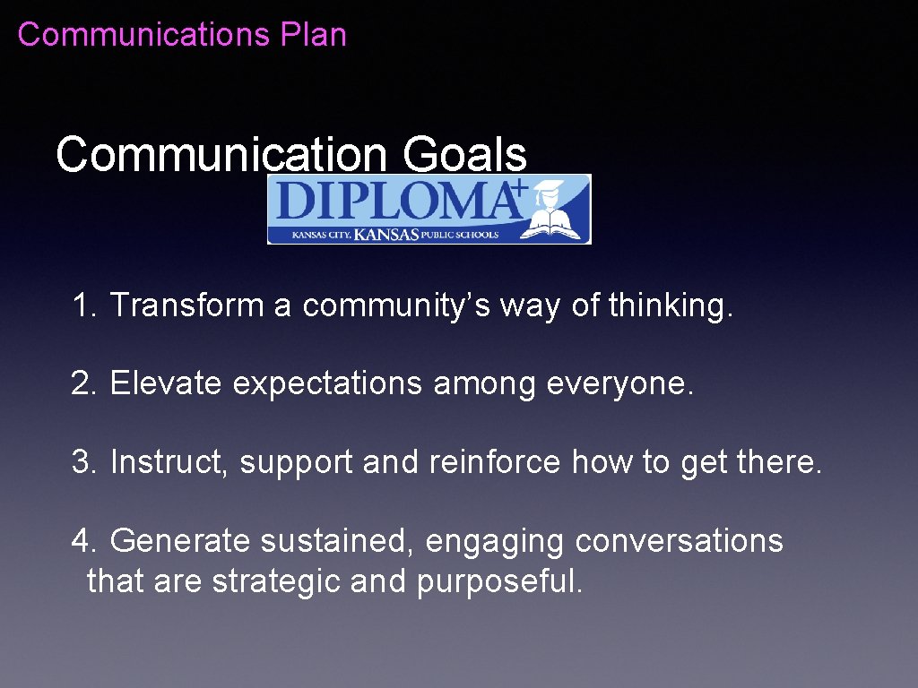 Communications Plan Communication Goals 1. Transform a community’s way of thinking. 2. Elevate expectations