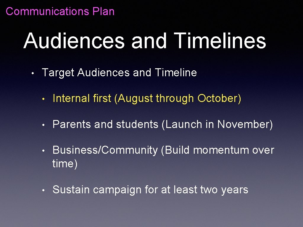 Communications Plan Audiences and Timelines • Target Audiences and Timeline • Internal first (August