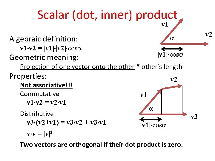 Scalar (dot, inner) product v 1 v 2 Algebraic definition: v 1 v 2