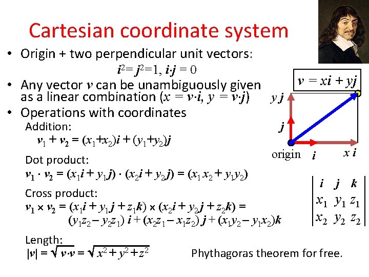 Cartesian coordinate system • Origin + two perpendicular unit vectors: i 2= j 2=1,