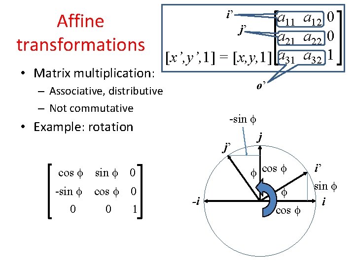 Affine transformations • Matrix multiplication: i’ a 11 a 12 0 j’ a 21