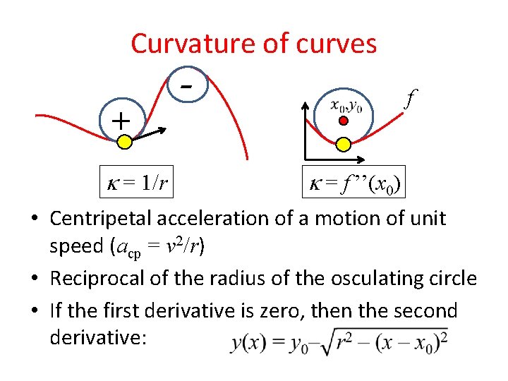 Curvature of curves + = 1/r - f = f ’’(x 0) • Centripetal