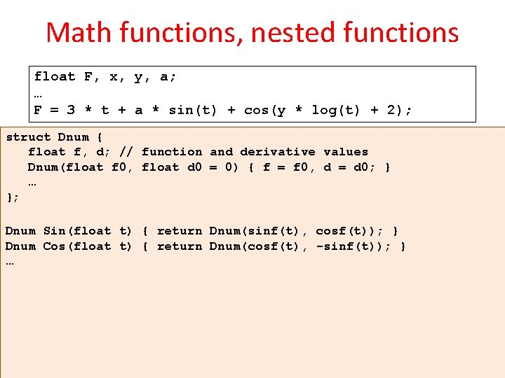 Math functions, nested functions float F, x, y, a; … F = 3 *