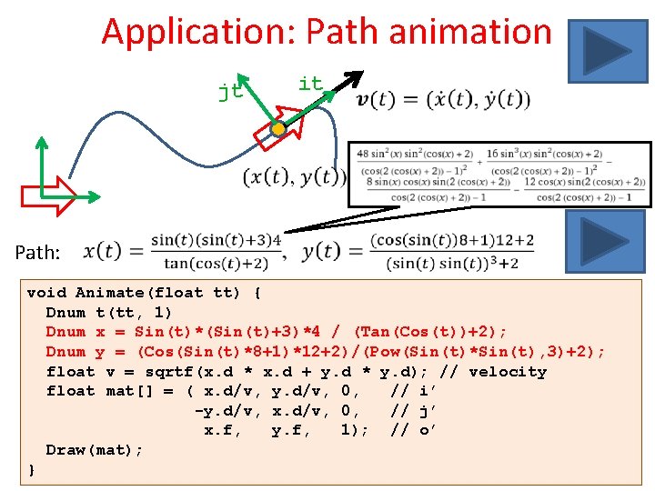 Application: Path animation jt it Path: void Animate(float tt) { Dnum t(tt, 1) Dnum