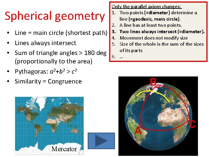 Spherical geometry • Line = main circle (shortest path) • Lines always intersect •