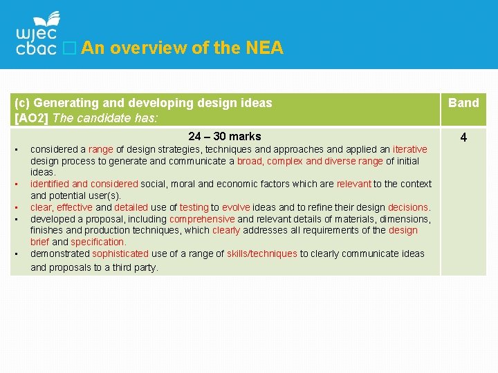 � An overview of the NEA (c) Generating and developing design ideas [AO 2]