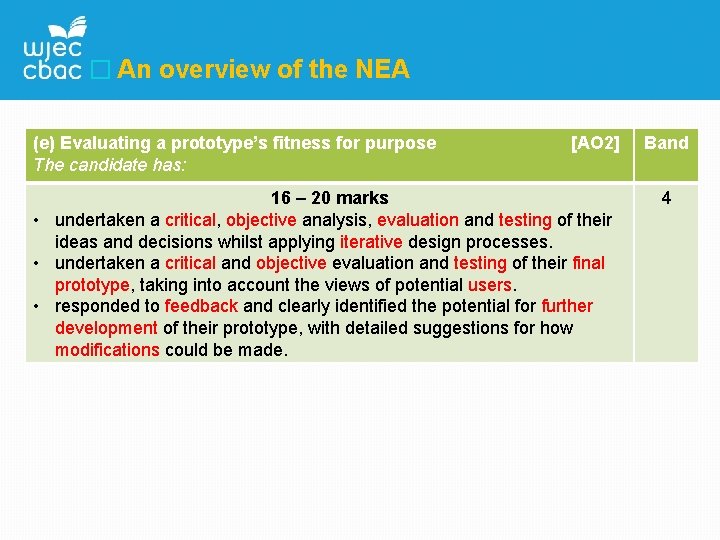 � An overview of the NEA (e) Evaluating a prototype’s fitness for purpose The