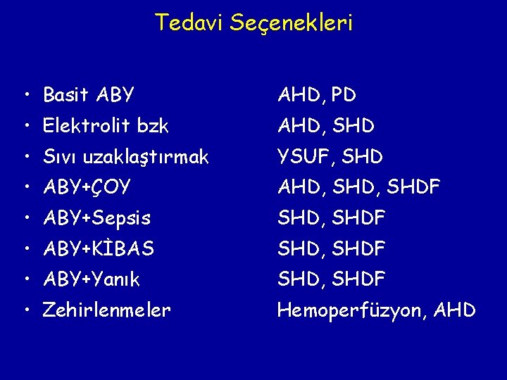 Tedavi Seçenekleri • Basit ABY AHD, PD • Elektrolit bzk AHD, SHD • Sıvı