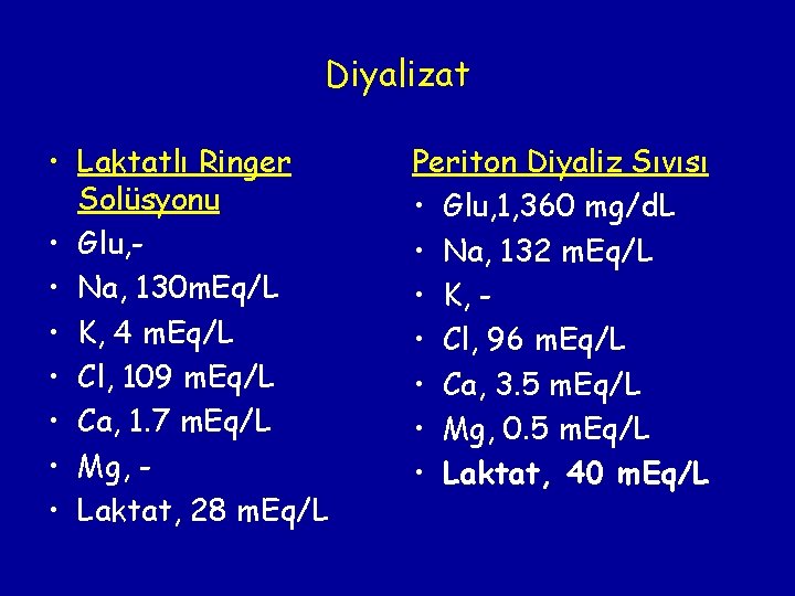 Diyalizat • Laktatlı Ringer Solüsyonu • Glu, • Na, 130 m. Eq/L • K,