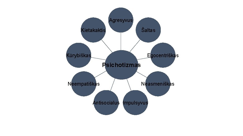 Agresyvus Kietakaktis Šaltas Egocentriškas Kūrybiškas Psichotizmas Neempatiškas Neasmeniškas Antisocialus Impulsyvus 