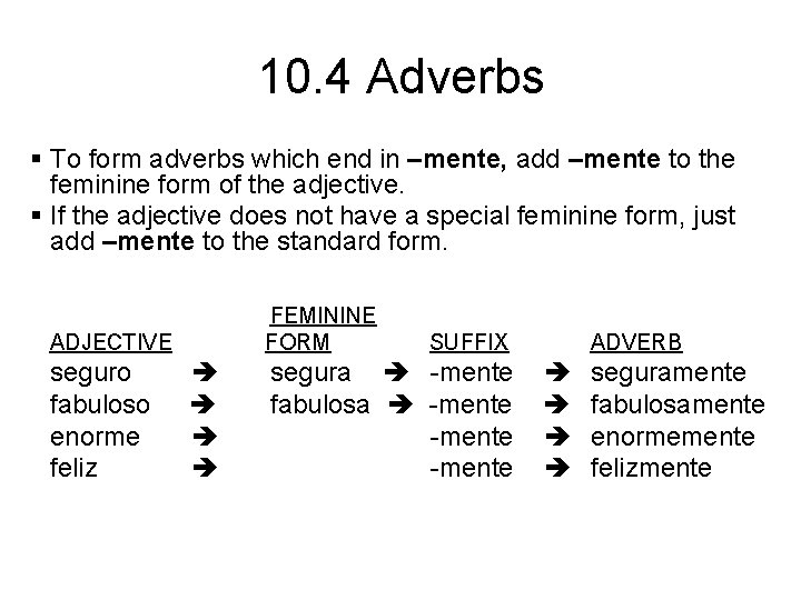 10. 4 Adverbs § To form adverbs which end in –mente, add –mente to