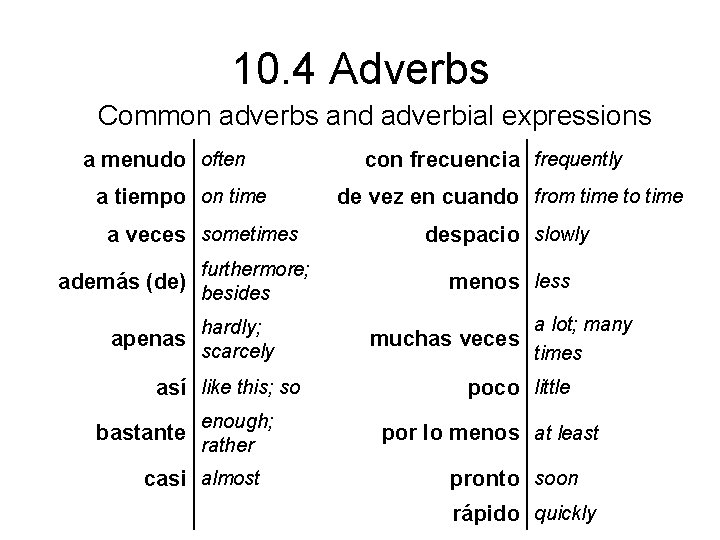 10. 4 Adverbs Common adverbs and adverbial expressions a menudo often a tiempo on