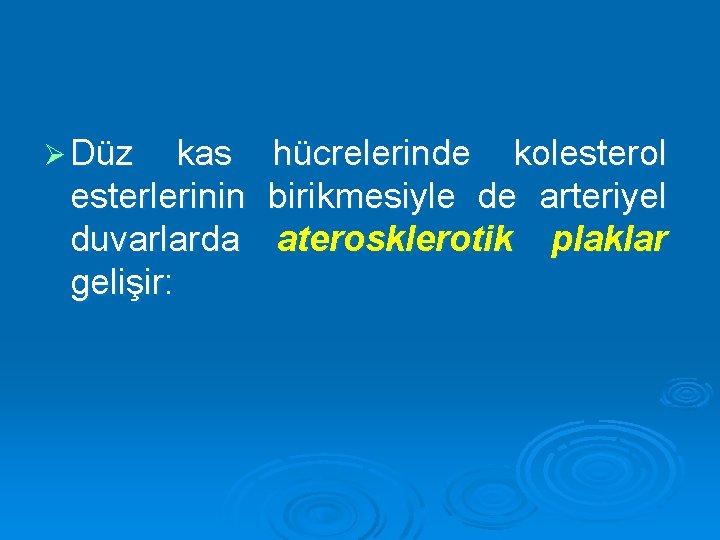 Ø Düz kas hücrelerinde kolesterol esterlerinin birikmesiyle de arteriyel duvarlarda aterosklerotik plaklar gelişir: 