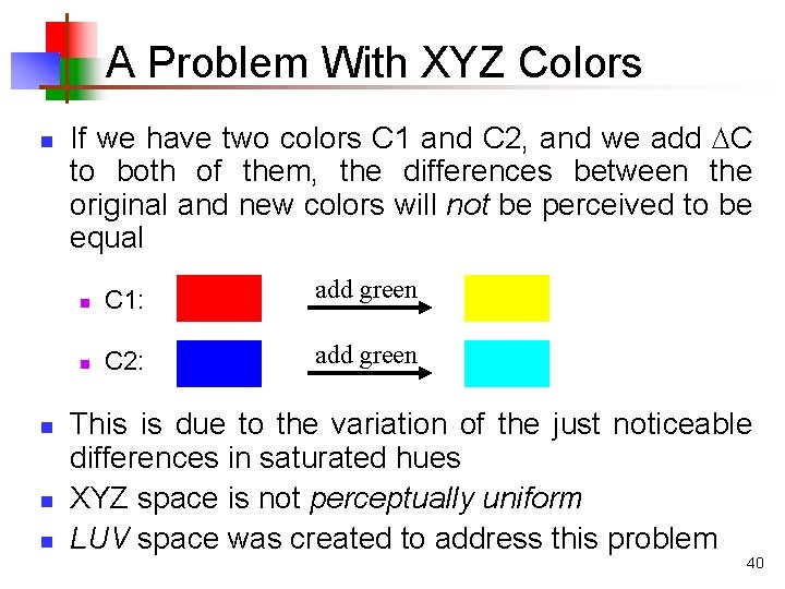 A Problem With XYZ Colors n n If we have two colors C 1