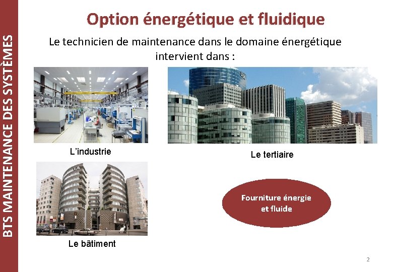 BTS MAINTENANCE DES SYSTÈMES Option énergétique et fluidique Le technicien de maintenance dans le